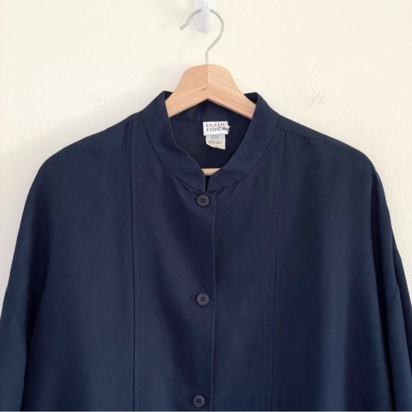 Eileen Fisher Linen Blend Button Front Shirt Topper Jacket Navy Medium - Picture 3 of 11